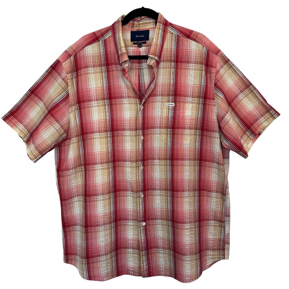 Faconnable Men's Shirt Sz.  XXL Seersucker Short Sleeve Plaid Madras Style Dad
